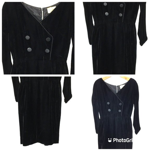 Vintage 50's Black Velvet Long Sleeve Cocktail Party Dress, LBD, 60's Wiggle - Picture 6 of 16